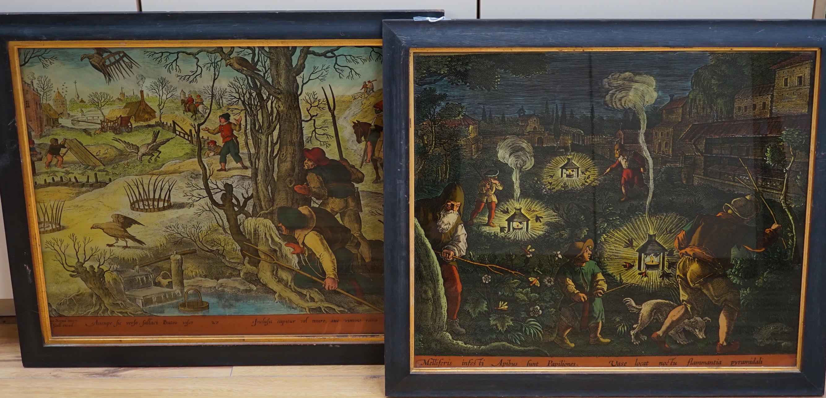 After Jan van der Straet (1523-1605) reverse glass picture,’Bird catchers capturing hawks’ together with another example, each 59cm x 49cm